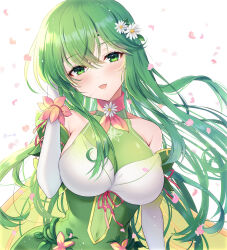Rule 34 | 1girl, adjusting hair, awayuki ramika, bodystocking, breasts, cape, choker, covered navel, detached sleeves, falling petals, fire emblem, fire emblem: mystery of the emblem, fire emblem heroes, flower, flower bracelet, flower choker, green cape, green eyes, green hair, hair flower, hair ornament, highres, large breasts, light blush, long hair, looking at viewer, nintendo, official alternate costume, open mouth, palla (fire emblem), petals, smile, solo, white background