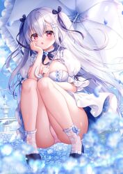Rule 34 | 1girl, :o, black bow, black footwear, blue flower, blue sky, blurry, blurry foreground, blush, bow, bow legwear, breasts, center frills, cleavage, cloud, commentary request, day, depth of field, dress, fang, flower, fountain, frilled umbrella, frills, grey hair, hair between eyes, hair bow, hair ornament, hairclip, hand up, holding, holding umbrella, large breasts, long hair, looking at viewer, mitsuba choco, original, outdoors, panties, parted lips, pink panties, puffy short sleeves, puffy sleeves, red eyes, see-through, shoes, short sleeves, sky, socks, solo, twitter username, two side up, umbrella, underwear, very long hair, water, white dress, white socks, white umbrella