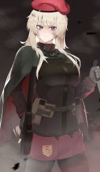 Rule 34 | 1girl, ak-74m, ak74m (girls&#039; frontline), ammunition belt, assault rifle, beret, black gloves, black pantyhose, blonde hair, blush, breasts, camouflage cloak, closed mouth, commentary request, feet out of frame, fingerless gloves, girls&#039; frontline, gloves, griffin &amp; kryuger, grifon &amp; kryuger, gun, hair ornament, hat, highres, holding, holding gun, holding knife, holding weapon, kalashnikov rifle, knife, long hair, long sleeves, looking at viewer, medium breasts, pantyhose, purple eyes, red skirt, resolution mismatch, rifle, russian flag, saturndxy, simple background, skirt, snowflake hair ornament, solo, source larger, standing, tactical clothes, weapon