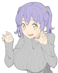 Rule 34 | 1girl, :d, absurdres, bad id, bad twitter id, blue hair, breasts, brown eyes, donguri suzume, grey sweater, hair tie, hands up, highres, large breasts, long sleeves, looking at viewer, open mouth, ribbed sweater, simple background, smile, solo, sweater, turtleneck, turtleneck sweater, twintails, white background