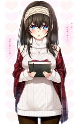 Rule 34 | 10s, 1girl, aran sweater, black hair, black pantyhose, blue eyes, blush, book, breasts, cable knit, commentary request, hairband, highres, holding, holding book, idolmaster, idolmaster cinderella girls, jewel (the black canvas), jewelry, large breasts, long hair, looking at viewer, pantyhose, parted lips, pendant, sagisawa fumika, shawl, sleeveless, sleeveless turtleneck, solo, sweater, translated, turtleneck, turtleneck sweater, valentine