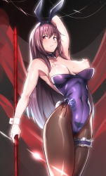 Rule 34 | 1girl, animal ears, ayakumo, bow, bowtie, breasts, breasts out, covered navel, detached collar, fake animal ears, fate/grand order, fate (series), flower, gae bolg (fate), hair intakes, highleg, highleg leotard, highres, leotard, long hair, official alternate costume, pantyhose, playboy bunny, polearm, puffy nipples, purple bow, purple bowtie, purple flower, purple hair, purple leotard, purple rose, rabbit ears, rabbit tail, red eyes, rose, scathach (fate), scathach (piercing bunny) (fate), smile, solo, spear, strapless, strapless leotard, sweatdrop, tail, thigh strap, very long hair, weapon, wrist cuffs
