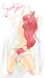 Rule 34 | 1girl, animal ears, ass, back, boyshort panties, dog ears, green eyes, hitowa, long hair, looking back, original, panties, red hair, see-through, solo, striped clothes, striped panties, tail, thighhighs, topless, trefoil, underwear, underwear only