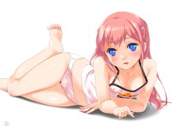 Rule 34 | 1girl, barefoot, blue eyes, blush, breasts, camisole, cleavage, covered erect nipples, hair ornament, hairclip, leg up, legs, long hair, lying, midriff, navel, no pants, on side, open mouth, original, panties, pink camisole, pink hair, pink panties, small breasts, smile, solo, toes, underwear
