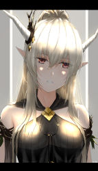 Rule 34 | 1girl, arknights, bad id, bad pixiv id, bare shoulders, breasts, brown eyes, chinese commentary, commentary request, eleaaa, grey background, hair between eyes, head tilt, highres, horns, large breasts, letterboxed, long hair, looking at viewer, official alternate costume, pointy ears, shining (arknights), shining (silent night) (arknights), silver hair, solo, upper body
