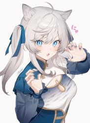 Rule 34 | 1girl, ahoge, animal ear fluff, animal ears, animal print, blue eyes, blue nails, blue ribbon, blush, breasts, claw pose, cleavage, cleavage cutout, clothing cutout, fingernails, frilled sleeves, frills, grey background, grey hair, hair between eyes, hair ribbon, highres, long hair, nail polish, open mouth, original, ribbon, see-through, signature, simple background, slit pupils, solo, tiger print, tokki, tongue, twintails, upper body