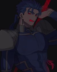 Rule 34 | 1boy, abs, armor, blue bodysuit, blue hair, bodysuit, cu chulainn (fate), cu chulainn (fate/stay night), earrings, fate/stay night, fate (series), gae bolg (fate), holding, holding polearm, holding weapon, jewelry, long hair, male focus, muscular, muscular male, open mouth, pauldrons, pectorals, polearm, red eyes, shoulder armor, simple background, skin tight, solo, spiked hair, tongue, tongue out, weapon, yap (dhgrail)