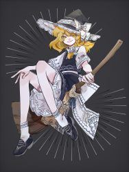 Rule 34 | 1girl, bare legs, black footwear, black hat, black skirt, black vest, blonde hair, bow, braid, broom, broom riding, commentary, dress, emphasis lines, frilled dress, frills, full body, grey background, grin, hair bow, hand on own knee, hat, hat bow, hat ribbon, highres, kirisame marisa, lace, lace-trimmed dress, lace-trimmed headwear, lace-trimmed legwear, lace trim, looking at viewer, medium hair, ribbon, shoes, short sleeves, simple background, skirt, smile, socks, solo, sugasa, teeth, touhou, v-shaped eyebrows, vest, white bow, white dress, white ribbon, white socks, witch hat, yellow eyes