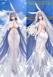 Rule 34 | 1girl, :d, absurdly long hair, animal ears, ass, azur lane, backless dress, backless outfit, bare shoulders, between buttocks, black footwear, blue eyes, blue hair, blush, bouquet, breasts, bridal veil, butt crack, cleavage, commentary request, dakimakura (medium), dasoey, dress, fake animal ears, flower, gloves, holding, holding bouquet, long hair, looking at viewer, multiple views, new jersey (azur lane), new jersey (snow-white ceremony) (azur lane), official alternate costume, open mouth, rabbit ears, revealing clothes, rose, see-through, smile, veil, very long hair, wedding dress, white dress, white flower, white gloves, white rose