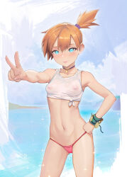Rule 34 | 1girl, abs, aqua eyes, armpits, asymmetrical hair, blue eyes, blush, breasts, closed mouth, creatures (company), earrings, female focus, game freak, hair tie, jewelry, legs, medium breasts, misty (pokemon), muscular, navel, necklace, nintendo, nipples, orange hair, pokemon, pokemon (anime), pokemon (classic anime), pokemon ep018, ponytail, see-through, see-through shirt, shirt, short hair, side ponytail, small breasts, solo, thighs, thong, translucent shirt, water, wet, wet clothes, wet shirt, white shirt, yugen99