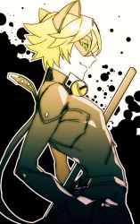 Rule 34 | 1boy, adrien agreste, animal ears, arched back, bell, neck bell, blonde hair, bodysuit, cat ears, chat noir, closed mouth, collar, colored sclera, fake animal ears, flipped hair, from side, green sclera, hand on own hip, highres, looking at viewer, male focus, miraculous ladybug, sabu (sa-bu), simple background, smile, solo, staff (weapon), upper body, weapon, white background, yellow eyes
