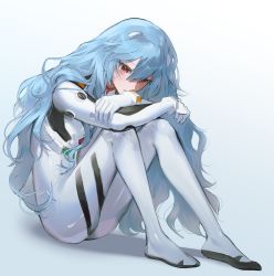 Rule 34 | 1girl, absurdres, ayanami rei, blue hair, bodysuit, closed mouth, evangelion: 3.0+1.0 thrice upon a time, full body, gloves, gradient background, grey background, hair between eyes, hair ornament, highres, knees up, long hair, looking at viewer, nannaspad, neon genesis evangelion, plugsuit, rebuild of evangelion, red eyes, sitting, solo, very long hair, white background, white bodysuit, white gloves