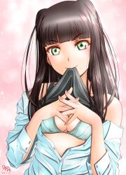 Rule 34 | 1girl, absurdres, aqua eyes, bra, breasts, brown hair, cleavage, highres, kurosawa dia, long hair, looking at viewer, love live!, love live! sunshine!!, medium breasts, minami saan, mouth hold, open clothes, smile, solo, underwear