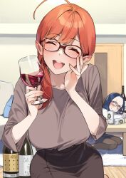 Rule 34 | 2girls, 92m, :d, ^ ^, absurdres, alcohol, black skirt, blue hair, blush, bottle, breasts, brown shirt, closed eyes, commentary request, cup, dateko (92m), drinking glass, drunk, highres, holding, holding cup, indoors, large breasts, looking at another, mature female, multiple girls, open mouth, original, raglan sleeves, red-framed eyewear, red hair, sanako (92m), shirt, skirt, smile, wine, wine bottle, wine glass