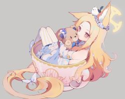 1girl absurdres animal animal_ear_fluff animal_ears animal_on_head bare_shoulders bird bird_on_head blonde_hair blue_archive blush bow bright_pupils chinese_commentary closed_mouth commentary_request cup detached_sleeves dress extra_ears flower flower_wreath forehead fox_ears fox_girl fox_tail frilled_dress frills full_body green_eyes grey_background hair_bow hair_flower hair_ornament halo highres holding holding_stuffed_toy hugging_object in_container in_cup long_hair long_sleeves looking_at_viewer multicolored_eyes on_head pantyhose parted_bangs pinstripe_pattern red_eyes seia_(blue_archive) sidelocks simple_background sleeveless sleeveless_dress solo striped_clothes striped_pantyhose stuffed_animal stuffed_toy tail teacup teddy_bear teoskyrios vertical-striped_clothes vertical-striped_pantyhose white_bow white_dress white_flower white_footwear white_pantyhose white_pupils white_sleeves yellow_bow yellow_halo