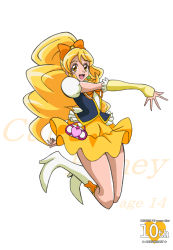 Rule 34 | 10s, 1girl, :d, anniversary, arudebido, blonde hair, boots, bow, character name, copyright name, cure honey, earrings, frills, full body, hair bow, happinesscharge precure!, jewelry, jumping, knee boots, long hair, magical girl, oomori yuuko, open mouth, precure, skirt, smile, solo, white background, wide ponytail, wrist cuffs, yellow eyes, yellow skirt