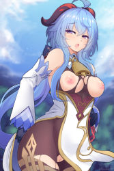 Rule 34 | 1girl, :o, ahoge, bare shoulders, bell, blue sky, blush, bodystocking, breasts, censored, commentary, cowboy shot, day, detached sleeves, english commentary, ganyu (genshin impact), genshin impact, hand on own hip, horns, impossible clothes, kazukoto, large breasts, long hair, long sleeves, looking at viewer, low ponytail, mosaic censoring, nipples, open mouth, outdoors, purple eyes, pussy, red ribbon, ribbon, sidelocks, sky, solo, torn bodystocking, torn clothes, twitter username, very long hair