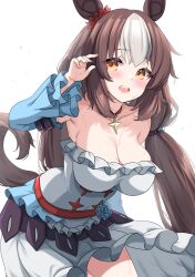 Rule 34 | 1girl, animal ears, armpits, blush, breasts, brown eyes, brown hair, cleavage, commentary request, detached sleeves, flower, hair between eyes, hair ornament, highres, horse ears, horse girl, horse tail, kibihimi, large breasts, looking at viewer, low twintails, open mouth, sash, simple background, solo, sweat, tail, twintails, umamusume, white background, yamanin zephyr (umamusume)