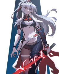 Rule 34 | 1girl, absurdres, alpha (punishing: gray raven), asymmetrical legwear, blue eyes, breasts, commentary, distr, electricity, english commentary, heterochromia, high ponytail, highres, holding, holding sword, holding weapon, jacket, katana, long hair, lucia: crimson abyss (punishing: gray raven), lucia: crimson weave (punishing: gray raven), medium breasts, midriff, navel, pantyhose, punishing: gray raven, red eyes, skindentation, solo, sword, thigh strap, two-tone background, weapon, white hair, white jacket
