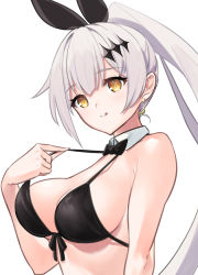 Rule 34 | 1girl, animal ears, bikini, black bikini, black bow, black bowtie, bow, bowtie, breasts, brown eyes, closed mouth, crescent, crescent earrings, earrings, fake animal ears, five-seven (cruise queen) (girls&#039; frontline), five-seven (girls&#039; frontline), girls&#039; frontline, hair ornament, hairclip, ingerdoll, jewelry, large breasts, licking lips, long hair, looking at viewer, official alternate costume, rabbit ears, sideboob, silver hair, solo, strap pull, swimsuit, tongue, tongue out, upper body, white background