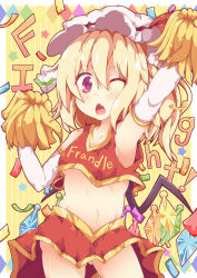 Rule 34 | 1girl, arm up, armpits, bare shoulders, blonde hair, breasts, cheerleader, elbow gloves, fang, flandre scarlet, gloves, highres, kan lee, midriff, navel, one eye closed, open mouth, pom pom (cheerleading), red eyes, shirt, skirt, skirt set, sleeveless, sleeveless shirt, small breasts, solo, touhou, underboob, white gloves, wings