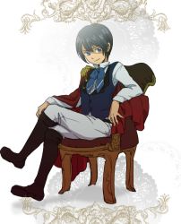 Rule 34 | 10s, 1boy, arm support, blue eyes, blue hair, boots, bow, bowtie, cape, chair, child, closed mouth, collared shirt, epaulettes, formal, full body, crossed legs, livius orvinus ifriqiyah, male focus, matching hair/eyes, seikai yumi, shirt, simple background, sitting, smile, solo, soredemo sekai wa utsukushii, white background
