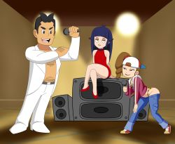 Rule 34 | 1boy, 2girls, absurdres, age difference, alternate costume, artist request, backwards hat, boombox, child, crossed legs, denim, dress, drill hair, emon kazuo, friday night funkin&#039;, fujimoto mai, hat, highres, jeans, leaning forward, lowleg, lowleg pants, mary janes, microphone, mozu masako, multiple girls, music, open clothes, open shirt, panties, pants, pantyshot, parody, red dress, shoes, side ponytail, singing, sitting, sitting on object, source request, speaker, spotlight, thong, underwear, youkai watch, youkai watch 3