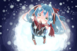 Rule 34 | 1girl, aqua hair, bad id, bad pixiv id, black legwear, blurry, brown gloves, brown hair, covering own mouth, depth of field, detached sleeves, from above, gloves, green eyes, hatsune miku, kinokoko-kino, long hair, looking at viewer, looking up, own hands together, pleated skirt, red scarf, scarf, skirt, snowing, solo, twintails, vocaloid
