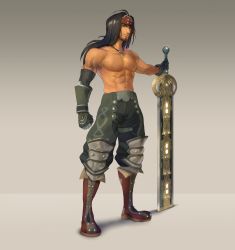 Rule 34 | 1boy, abs, beard, black hair, boots, dunban (xenoblade), elbow gloves, elruko, facial hair, forehead protector, full body, gloves, grey background, highres, jewelry, long hair, male focus, pants, pectorals, pendant, topless male, solo, standing, sword, weapon, xenoblade chronicles 1, xenoblade chronicles (series)