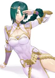 Rule 34 | 1girl, abs, braid, braided ponytail, breasts, circlet, cleavage, dress, fire emblem, fire emblem heroes, fuji nyaga, gem, gold trim, green hair, hair ornament, hand on floor, hand over face, highres, leaning back, lips, long hair, looking at viewer, lying, medium breasts, nintendo, on floor, on side, single braid, skin tight, solo, stomach, thighs, thorr (fire emblem), white background, white dress, yellow eyes