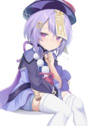 Rule 34 | 1girl, absurdres, bead necklace, beads, coin hair ornament, commentary, genshin impact, hair ornament, hairclip, hat, highres, jewelry, klaius, long sleeves, looking at viewer, necklace, purple eyes, purple hair, purple hat, qingdai guanmao, qiqi (genshin impact), simple background, sitting, solo, thighhighs, white background, white thighhighs