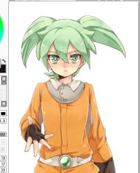 Rule 34 | 1boy, colorized, fei rune, fingerless gloves, gloves, green eyes, green hair, inazuma eleven (series), inazuma eleven go, inazuma eleven go chrono stone, looking at viewer, male focus, matching hair/eyes, solo, tobi (one), white background, unfinished