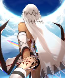 Rule 34 | 1girl, altera (fate), black panties, command spell, dark-skinned female, dark skin, day, detached sleeves, fate/grand order, fate (series), from behind, full-body tattoo, holding, holding hands, holding sword, holding weapon, i-pan, long hair, outdoors, panties, photon ray (fate), print sleeves, solo focus, standing, sword, tattoo, underwear, weapon, white hair, white sleeves