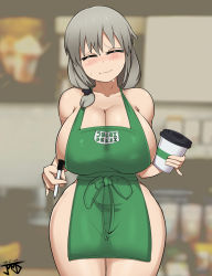 Rule 34 | 1girl, absurdres, apron, barista, blurry, blurry background, blush, breasts, cleavage, coffee cup, cup, dated, disposable cup, english text, closed eyes, facing viewer, green apron, grey hair, hair ornament, hair scrunchie, highres, holding, holding cup, holding marker, holding pen, huge breasts, iced latte with breast milk (meme), jmvmaa, marker, mature female, medium hair, meme, mature female, naked apron, narrow waist, nose blush, pen, pinky out, romaji text, scrunchie, sideboob, solo, standing, sugoi dekai, sweat, nervous sweating, thick thighs, thighs, thought bubble, uzaki-chan wa asobitai!, uzaki tsuki