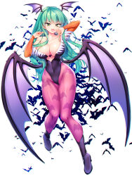 Rule 34 | 1girl, animal print, bare shoulders, bat print, bat wings, black footwear, black leotard, boots, breasts, bridal gauntlets, capcom, cleavage, clothing cutout, covered navel, demon girl, finger to mouth, frilled leotard, frills, green eyes, green hair, head wings, heart cutout, high heel boots, high heels, highleg, highleg leotard, highres, large breasts, leotard, long hair, low wings, michie sticker, morrigan aensland, pantyhose, pink pantyhose, pinky to mouth, print pantyhose, purple wings, shiny pantyhose, shiny skin, solo, thigh gap, thighs, tongue, tongue out, vampire (game), wings