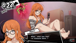 Rule 34 | 1girl, ahoge, animeflux, bare shoulders, barefoot, black-framed eyewear, blush, breasts, brown eyes, cellphone, character name, commentary, computer, computer tower, english commentary, english text, fake screenshot, feet, flip phone, glasses, highres, imminent rape, legs, off-shoulder sweater, off shoulder, orange hair, persona, persona 5, phone, portal (object), sakura futaba, shorts, sitting, small breasts, solo, sweater, tentacles, toes, watermark