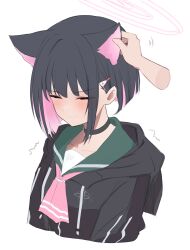 Rule 34 | 1girl, 1other, absurdres, black choker, black hair, black serafuku, blue archive, bob cut, choker, closed eyes, closed mouth, collarbone, colored inner hair, commentary, exiadoon, green sailor collar, hair ornament, hairclip, halo, highres, kazusa (blue archive), long sleeves, multicolored hair, neckerchief, pink hair, pink neckerchief, sailor collar, school uniform, serafuku, short hair, simple background, upper body, white background
