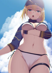 Rule 34 | 1girl, ahoge, artoria pendragon (fate), ashino moto, baseball cap, bikini, blonde hair, blue eyes, blue hat, blue jacket, blue sky, blush, breasts, cleavage, commentary request, cropped jacket, day, fate/grand order, fate (series), hair between eyes, hair through headwear, hat, highres, jacket, long hair, looking at viewer, medium breasts, mysterious heroine x (fate), mysterious heroine xx (fate), navel, open mouth, ponytail, shrug (clothing), sidelocks, sky, solo, swimsuit, thigh strap, white bikini