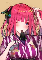 Rule 34 | 1girl, adjusting hair, arms up, bad id, bad pixiv id, black ribbon, blue eyes, blue nails, blunt bangs, blush, breasts, butterfly hair ornament, closed mouth, feng yezi, floral print, flower, go-toubun no hanayome, hair ornament, hair ribbon, hair tie, hair tie in mouth, holding, japanese clothes, kimono, looking at viewer, mouth hold, multicolored nails, nail polish, nakano nino, obi, one eye closed, pink hair, red hair, ribbon, sash, shirt, simple background, smile, solo, tying hair, upper body, wide sleeves, yukata
