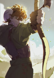 Rule 34 | 1boy, absurdres, animification, arrow (projectile), artist name, bandage on face, bandages, black gloves, bow (weapon), brown hair, chest guard, closed mouth, dated, drawing bow, dream (youtuber), falling leaves, fingerless gloves, glint, gloves, green hoodie, highres, holding, holding bow (weapon), holding weapon, hood, hood down, hoodie, iino qwq, leaf, long sleeves, looking afar, male focus, mask, mask on head, outstretched arm, real life, short hair, sky, solo, uneven eyes, upper body, weapon, wind