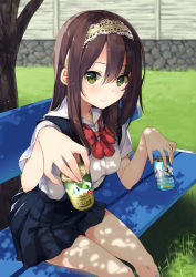 Rule 34 | 1girl, bench, blue skirt, blurry, blush, bow, bowtie, breasts, brown hair, can, closed mouth, collared shirt, dappled sunlight, day, depth of field, dress shirt, drink, eyebrows, fingernails, from above, grass, green eyes, hair between eyes, hairband, holding, holding can, kneehighs, long hair, looking at viewer, medium breasts, miniskirt, original, outdoors, pleated skirt, red bow, red bowtie, school uniform, shade, shirt, short sleeves, sitting, skirt, smile, socks, solo, sunlight, suspender skirt, suspenders, tree, tree shade, unasaka ryou, white shirt, white socks