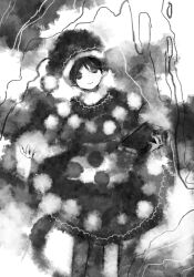 Rule 34 | 1girl, book, capelet, closed mouth, commentary request, doremy sweet, dress, greyscale, hat, holding, holding book, kaigen 1025, knees out of frame, looking at viewer, monochrome, pom pom (clothes), short hair, smile, solo, touhou