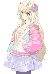 Rule 34 | 1girl, animal ears, blonde hair, blouse, blue eyes, casual, expressionless, hair ornament, hairclip, hands in pockets, hololive, horns, long hair, looking at viewer, looking to the side, pako (pakosun), pantyhose, sheep ears, sheep girl, sheep horns, shirt, simple background, skirt, solo, tsunomaki watame, very long hair, virtual youtuber, white background