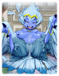 Rule 34 | 1girl, after vaginal, aftersex, belly, blue hair, blue skin, breasts, colored skin, cum, cum in pussy, feathered wings, feathers, harpy, highres, inflation, light blue hair, materclaws, monster girl, nipples, open mouth, pussy, pussy juice, shantae, shantae: half-genie hero, shantae (series), solo, torogao, transformation, uncensored, winged arms, wings