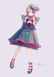 Rule 34 | 10s, 1girl, 2014, bare shoulders, bow, brown eyes, bug, butterfly, butterfly hair ornament, dated, detached sleeves, dress, drill hair, earrings, fake wings, footwear bow, frilled dress, frills, full body, hair ornament, highres, idolmaster, idolmaster cinderella girls, insect, ixima, jewelry, key, legs apart, light brown hair, light frown, morikubo nono, multicolored clothes, multicolored dress, no socks, open mouth, own hands clasped, own hands together, parted lips, purple background, ringlets, shoes, simple background, sleeveless, sleeveless dress, solo, swept bangs, w arms, wings