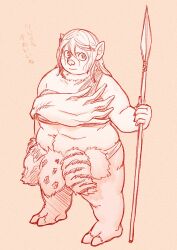 Rule 34 | 1girl, animal print, belly, breasts, commentary, dungeon meshi, fat, female orc, full body, highres, holding, holding polearm, holding weapon, leed (dungeon meshi), long hair, looking at viewer, looking to the side, medium breasts, midriff, monochrome, monster girl, onda seki, orc, pelvic curtain, planted, plump, pointy ears, polearm, snout, solo, spear, standing, tareme, tiger print, translated, tribal, weapon, white hair