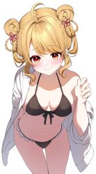 1girl absurdres ahoge asahi_nina bikini black_bikini blonde_hair blush breasts closed_mouth commission cowboy_shot darjeeling_(reley) double_bun front-tie_top hair_bun hair_ornament hand_up highres indie_virtual_youtuber jacket looking_at_viewer medium_breasts navel open_clothes open_jacket orange_eyes second-party_source simple_background skeb_commission smile solo swimsuit white_background white_jacket