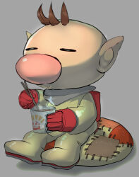 Rule 34 | 1boy, alien, backpack, bag, bean bag chair, big nose, brown hair, chopsticks, closed eyes, commentary request, cup, cup ramen, gloves, grey background, holding, holding chopsticks, holding cup, isibatamako, male focus, nintendo, no headwear, olimar, parted lips, pikmin (series), pointy ears, red bag, red gloves, shadow, short hair, sitting, spacesuit, steam, very short hair