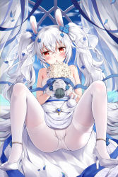 Rule 34 | 1girl, absurdres, animal ears, anklet, azur lane, blue flower, blue ribbon, bouquet, breasts, commentary request, devil heavens, dress, flower, full body, gloves, hair between eyes, hair flower, hair ornament, hair ribbon, high heels, highres, holding, holding bouquet, jewelry, laffey (azur lane), laffey (white rabbit&#039;s oath) (azur lane), long hair, looking at viewer, m legs, official alternate costume, panties, panties under pantyhose, pantyhose, parted lips, petals, rabbit ears, red eyes, revision, ribbon, sitting, small breasts, solo, spread legs, twintails, underwear, very long hair, white dress, white flower, white footwear, white gloves, white hair, white panties, white pantyhose, white ribbon