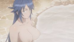 Rule 34 | 1girl, animated, animated gif, armpits, blue hair, bouncing breasts, breasts, female focus, hitsugi sayo, large breasts, long hair, nipples, nude, sitting, smile, solo, triage x